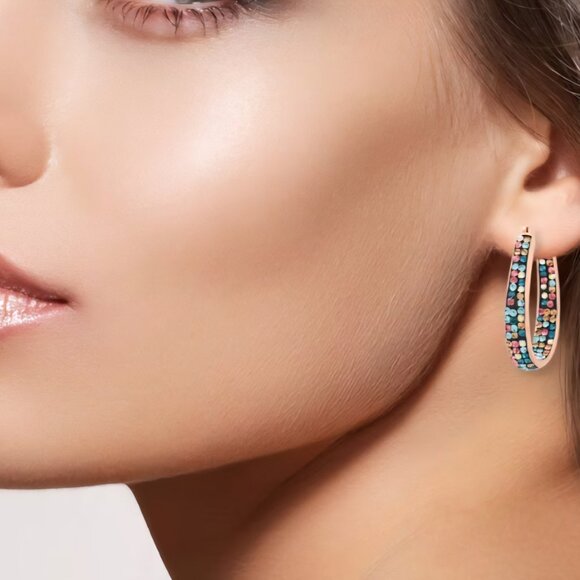 Women's Rose Gold Tone Plated Earring Multi Color with Swarovski Crystal Loops - Picture 9 of 11